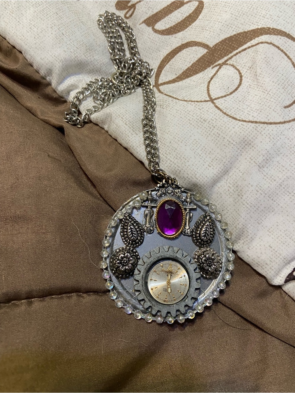 Hand Crafted Silver-Tone Pendant Necklace with Purple Gem